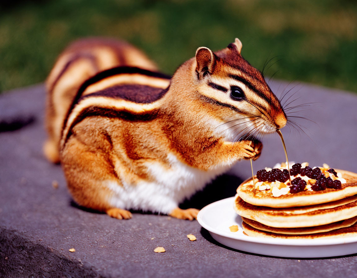 Chipmunk enjoying pancakes with berries on plate outdoors