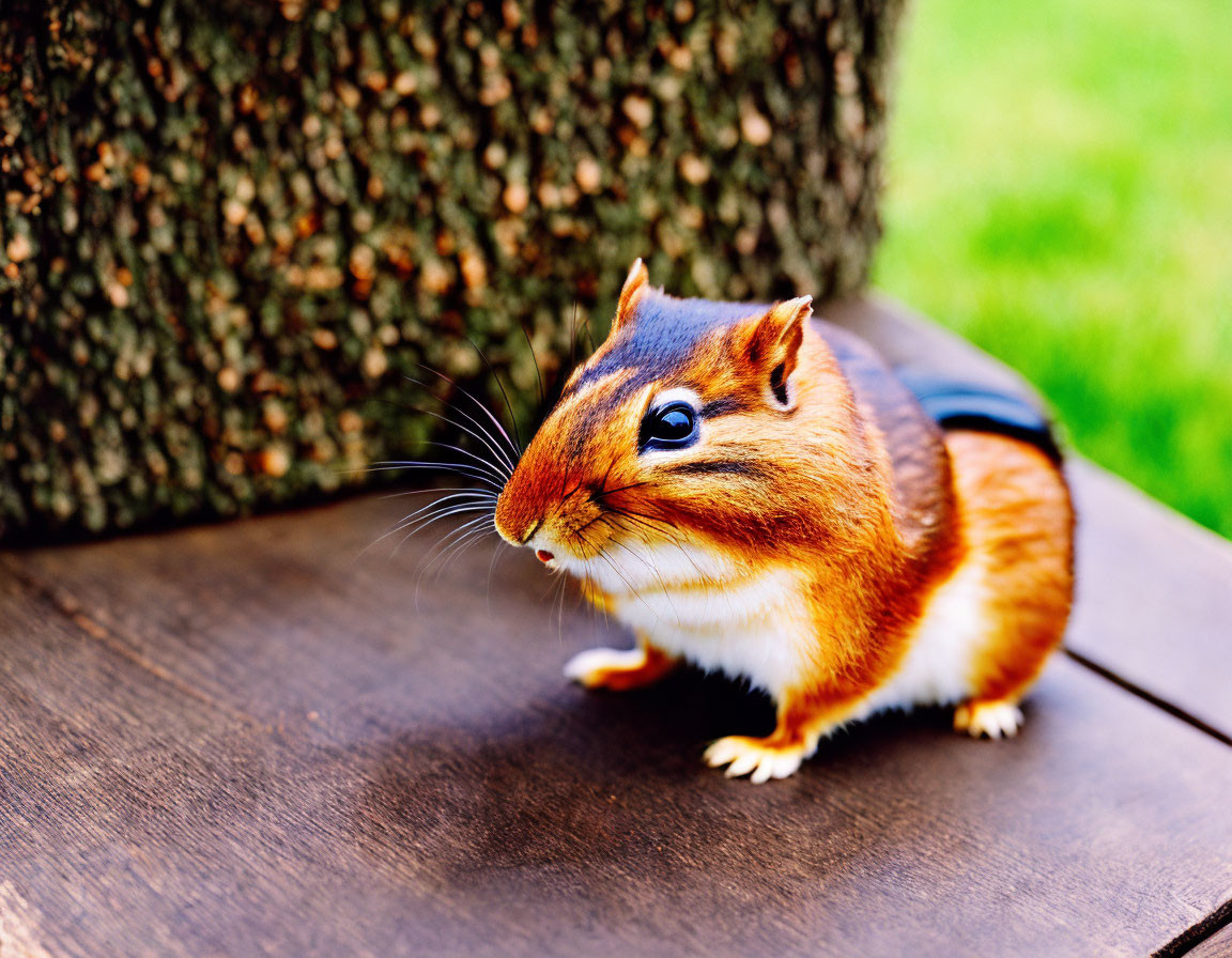 Curious chipmunk on wooden surface with green grass and tree bark.