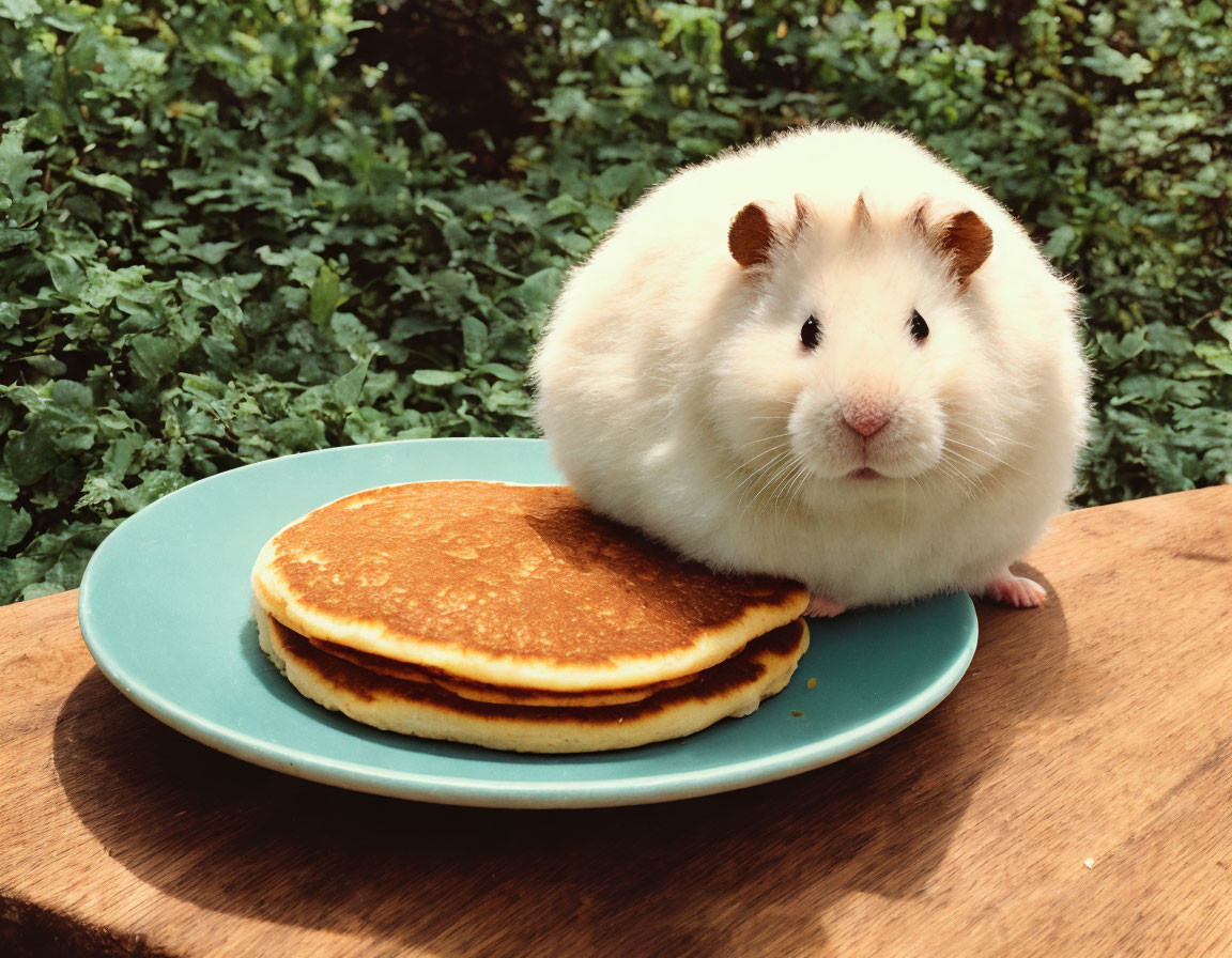 White and Tan Guinea Pig with Pancakes on Green Plate