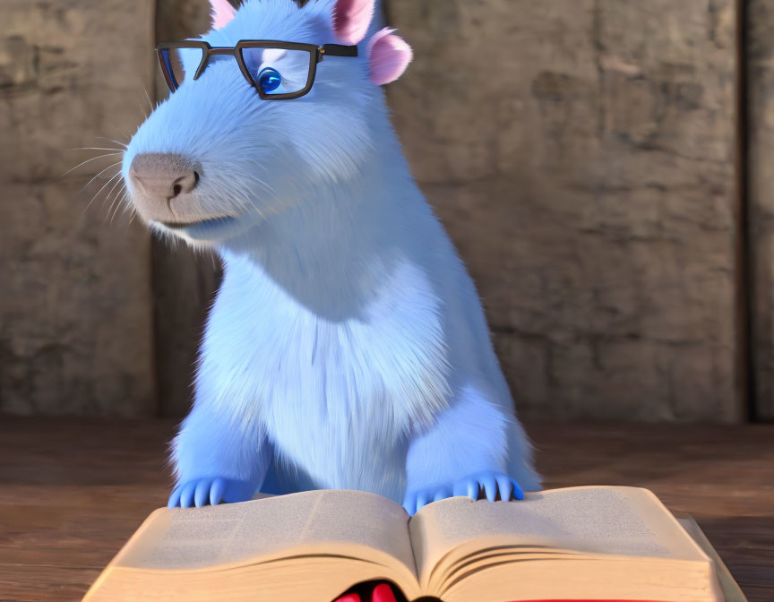 Blue animated mouse with glasses next to open book on wooden surface