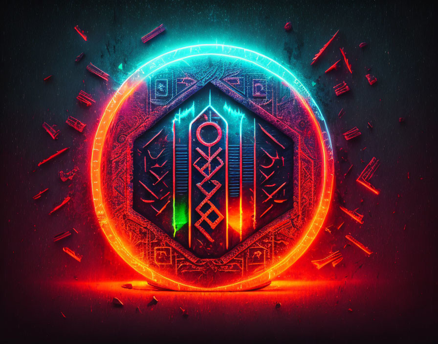 Vibrant neon Norse rune shield with blue and orange glow on dark background.