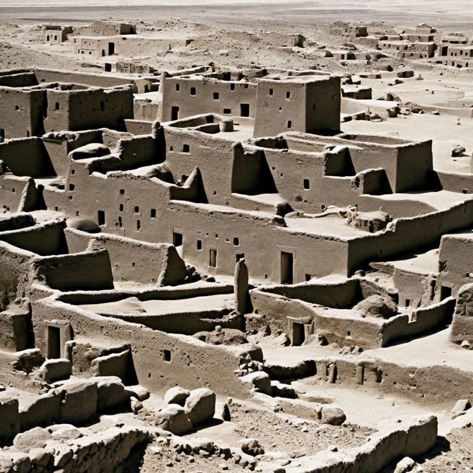 Weathered mud-brick village evokes desert desolation.