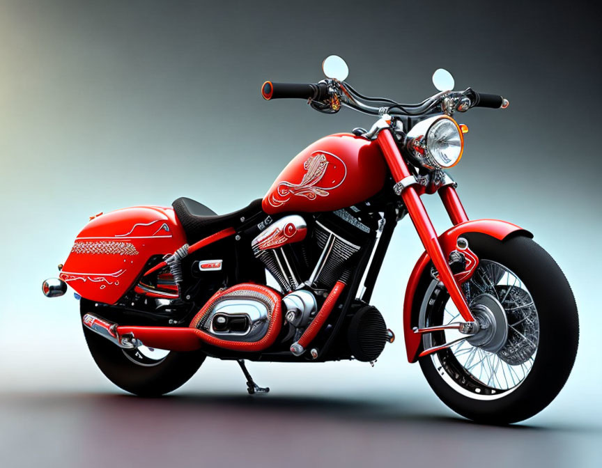 Red Classic Motorcycle with Chrome Finishes and Custom Paint on Grey Background
