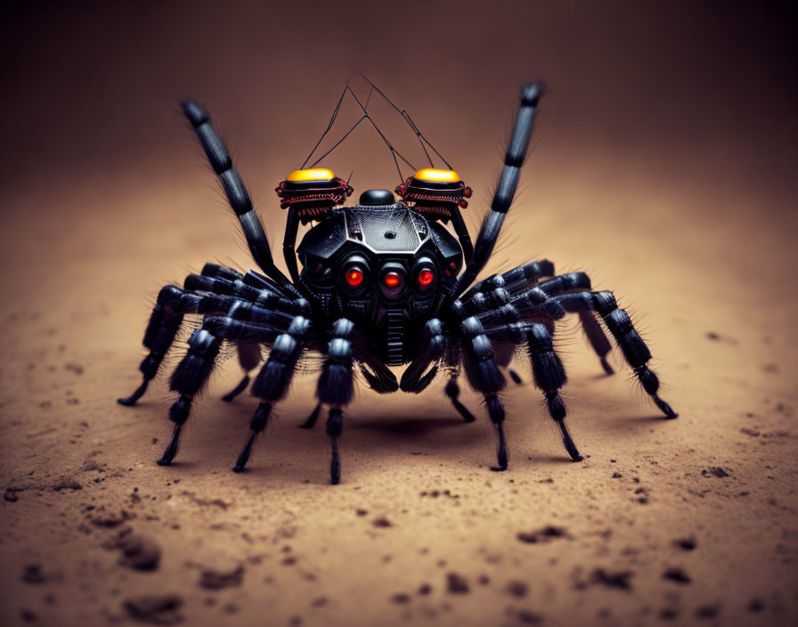 Mechanical spider with red eyes in advanced technology theme.