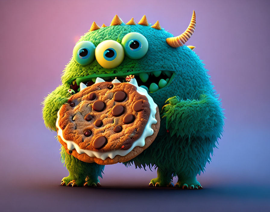 Green Cartoon Monster with Cookie Smiling