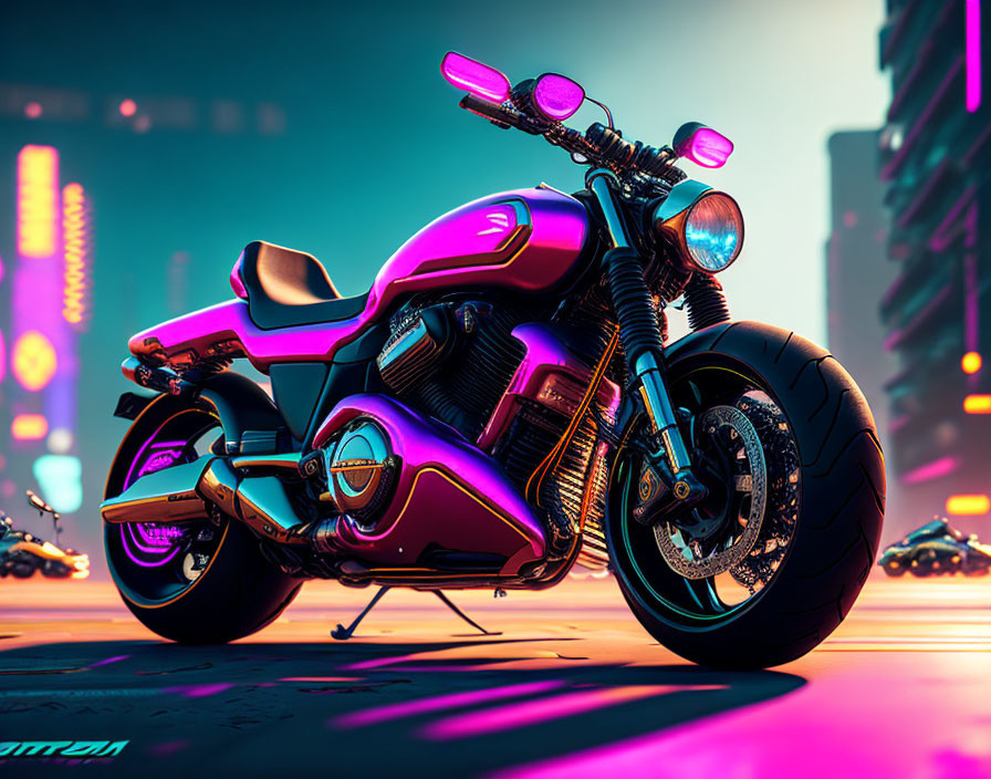Futuristic motorcycle with neon lights in a cityscape