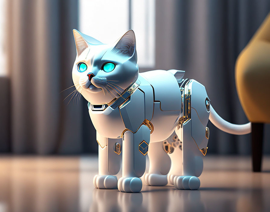 Robotic cat 3D illustration: blue and white with gold accents, expressive eyes