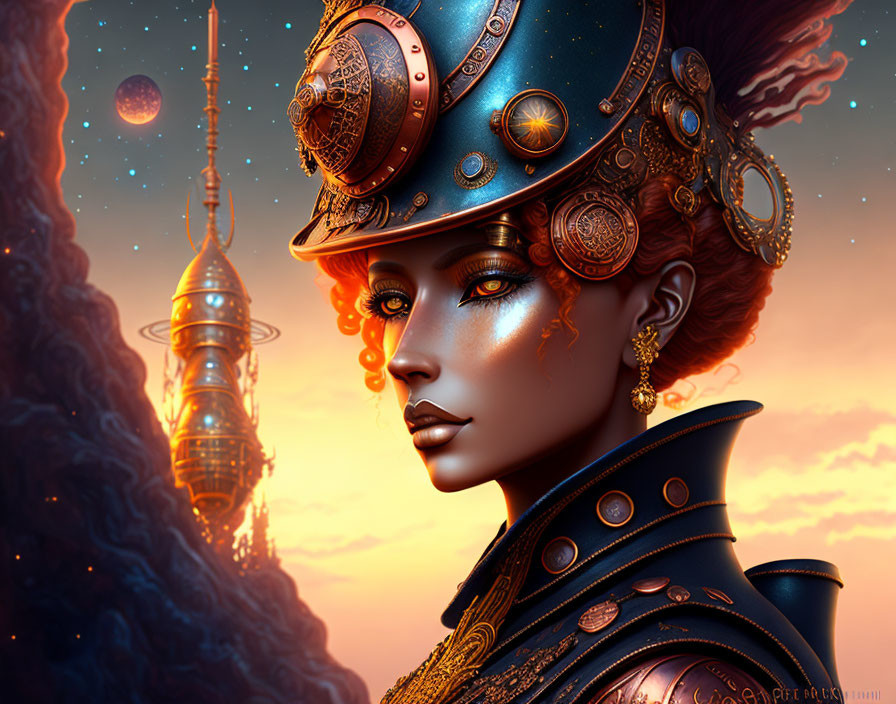 Steampunk-inspired woman with detailed armor in fantasy setting