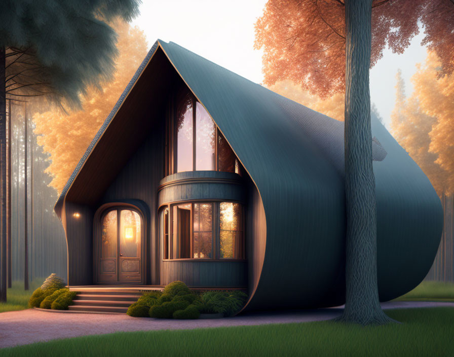 Modern A-Frame House with Large Windows in Forest Setting at Sunrise or Sunset