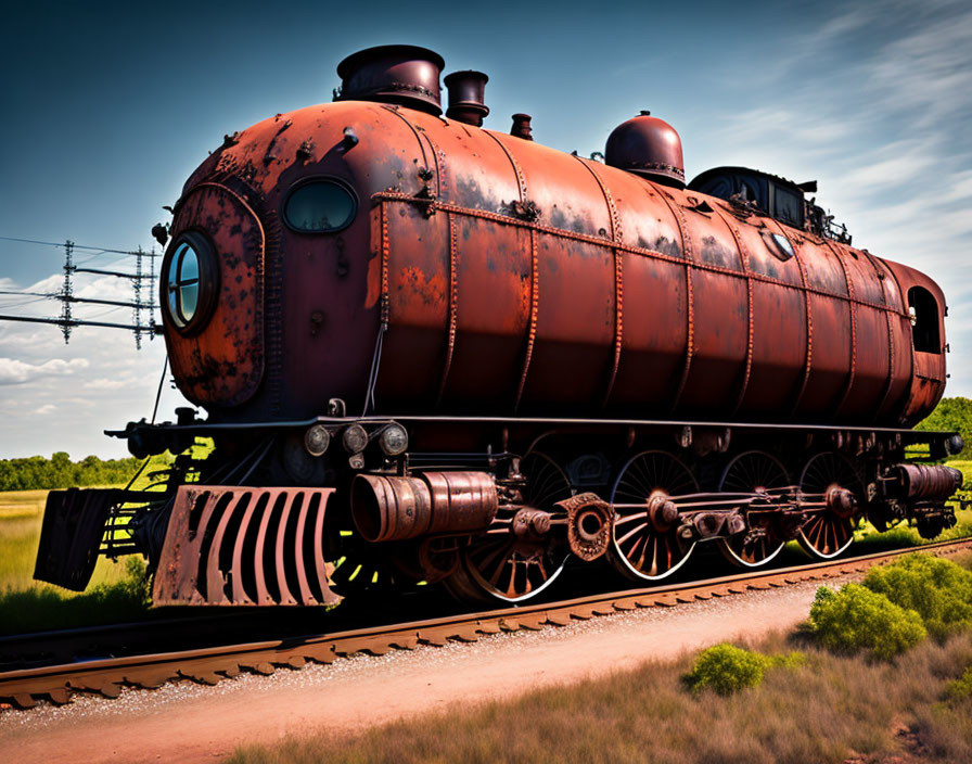 Rusty steam locomotive on tracks under blue sky and grassy field