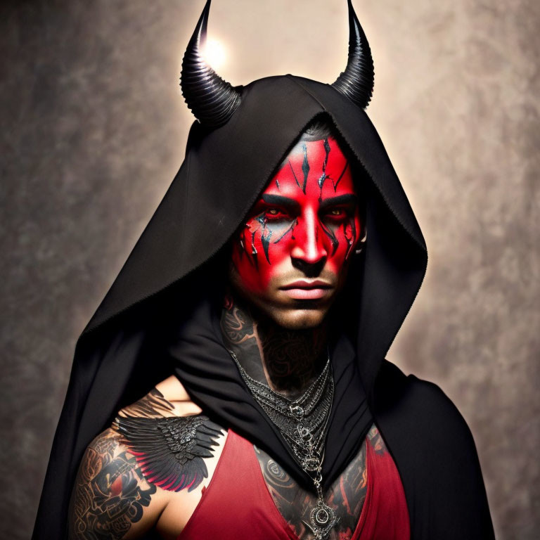 Person with red face paint, black horns, hooded cloak, and chest tattoos.