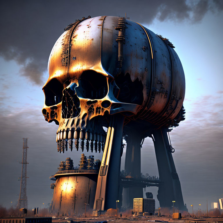 Gigantic skull-shaped structure under dramatic sky in dystopian scene