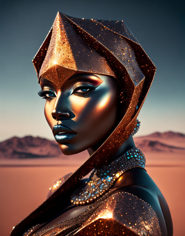 Stylized portrait of woman with golden headgear in desert landscape