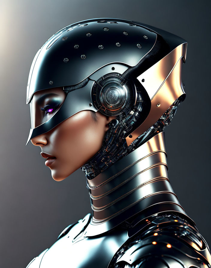Detailed Side Profile of Shiny Metal Head Humanoid Robot