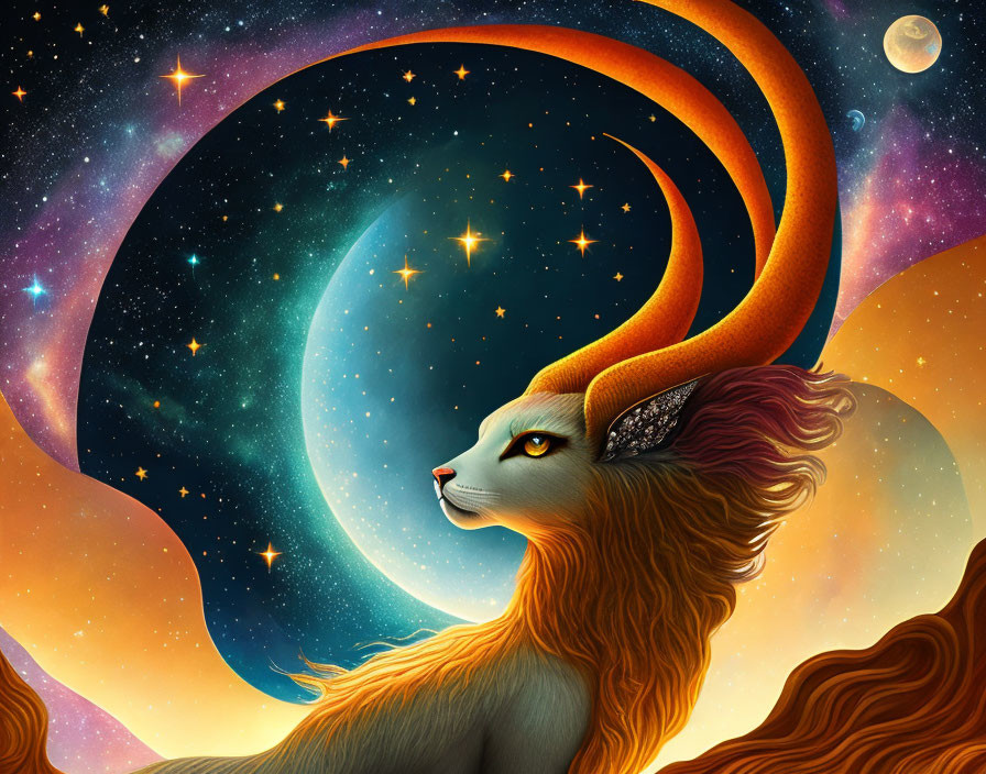 Majestic cosmic lion with long horns in vibrant cosmic scene
