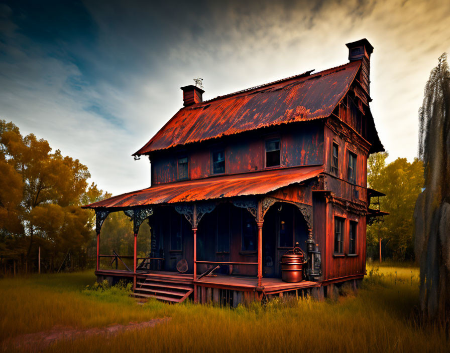 Rustic two-story house with red-brown rusted roof in golden grass landscape