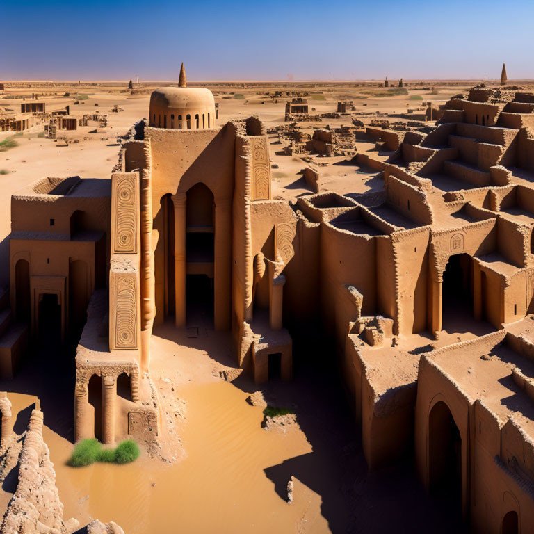 Ancient mud-brick buildings in desert landscape under blue sky