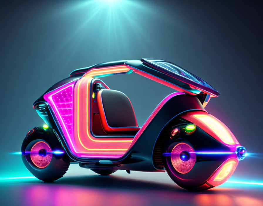 Futuristic neon-lit single-seat vehicle on gradient background