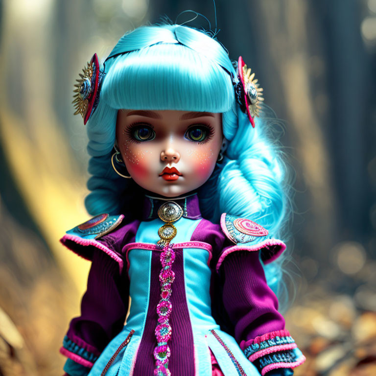 Porcelain doll with blue hair and Victorian dress in forest setting
