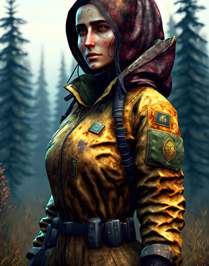Digital illustration: Woman in post-apocalyptic setting with tattered yellow jacket and backpack