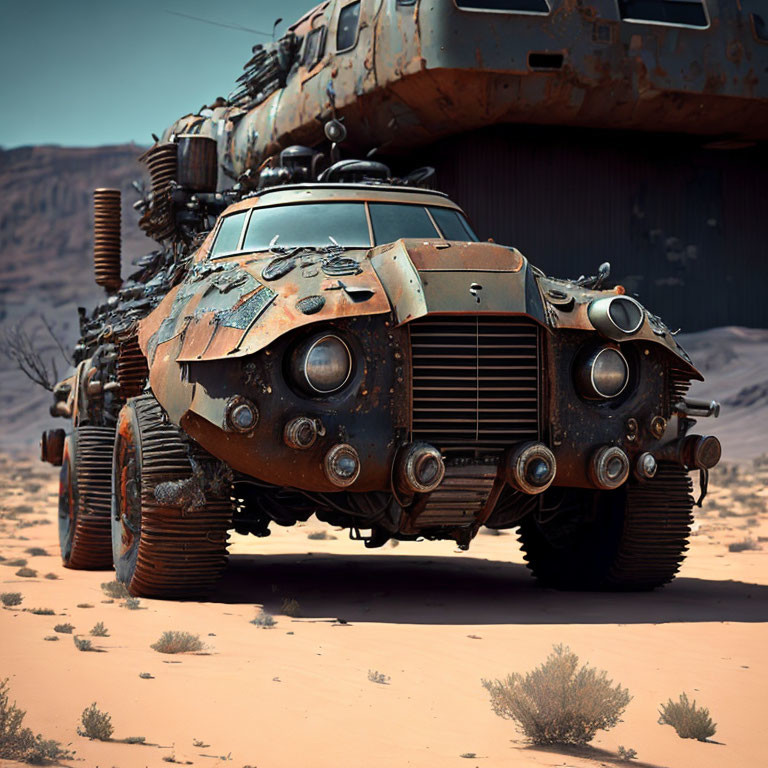 Armored vehicle with spikes and rust in desert setting