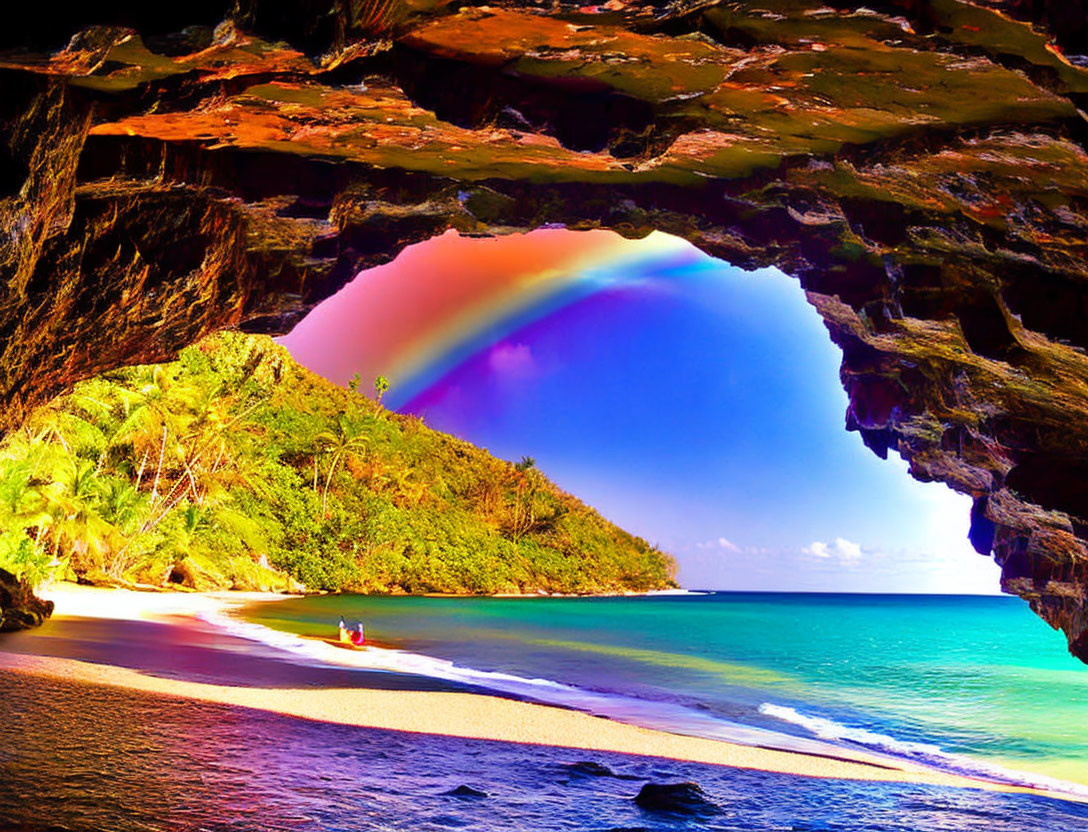 Scenic beach cave view: couple on sand, rainbow, lush greenery