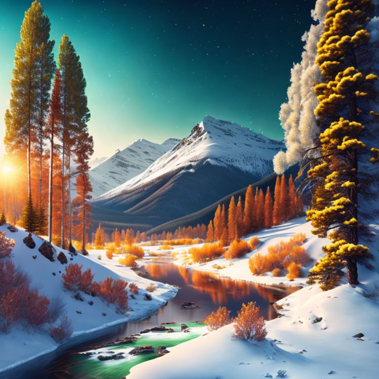 Twilight landscape with river, snowy banks, autumn trees, starry sky, mountains