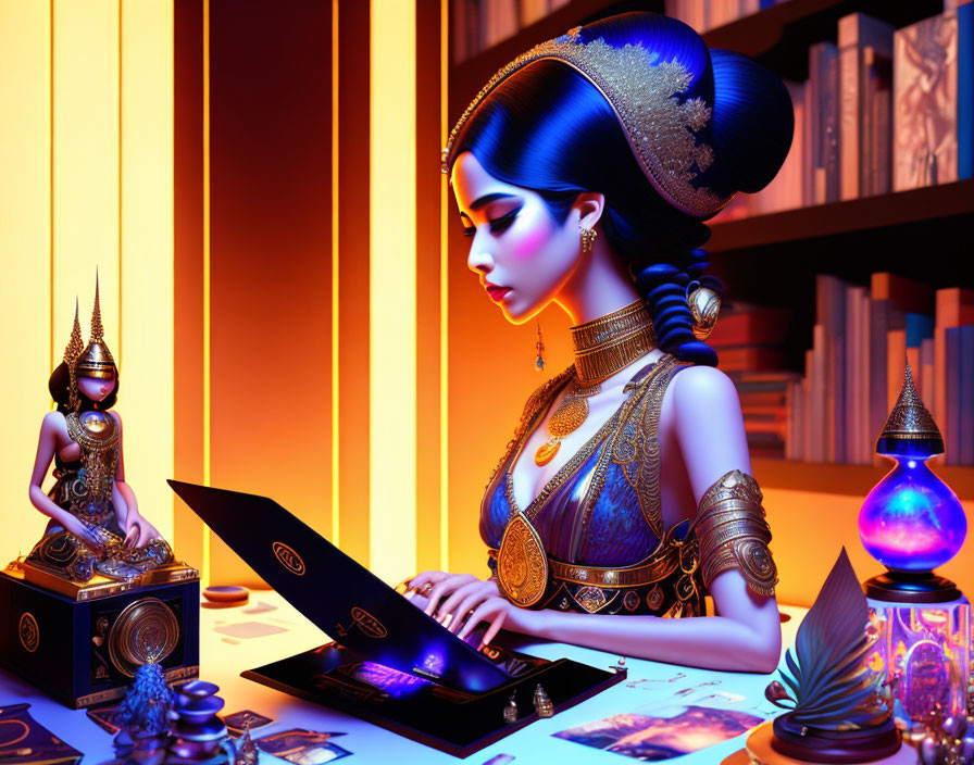 Digital Art: Woman with Blue Hair Working in Luxurious Thai-Inspired Interior