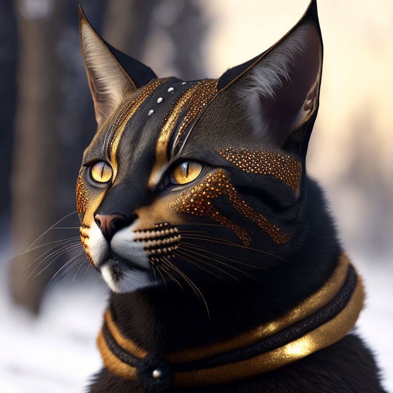 Digital artwork: Cat with humanoid features, gold tribal markings, jewelry, forest backdrop