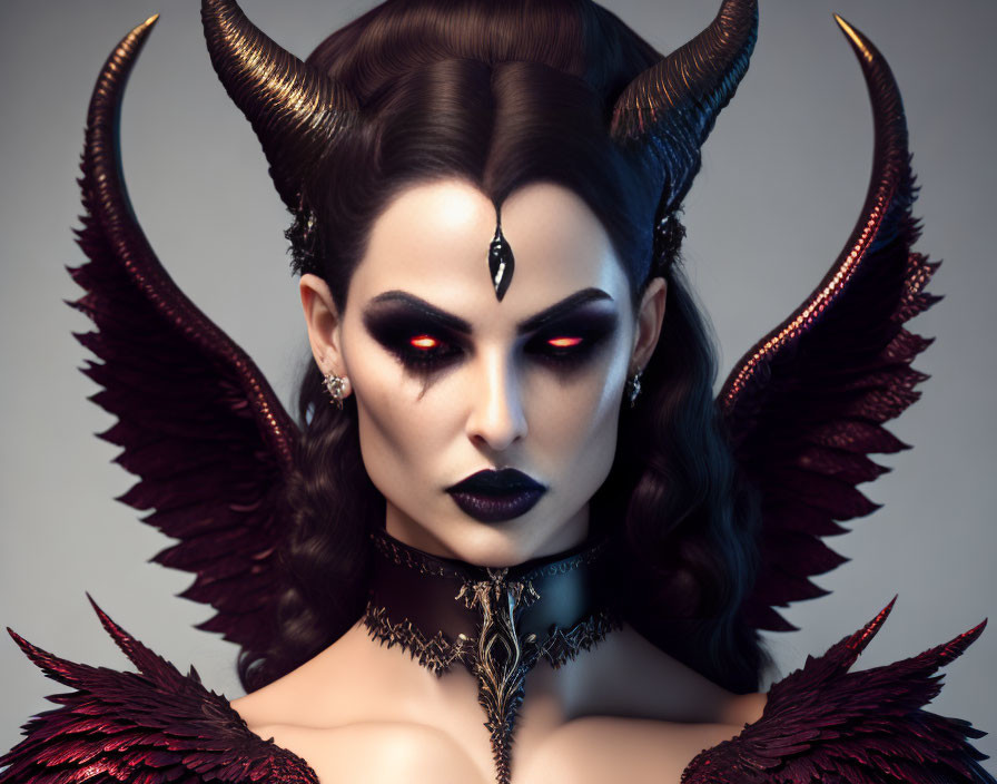 Dark and dramatic female figure with sharp horns, gem accent, and feathered wings