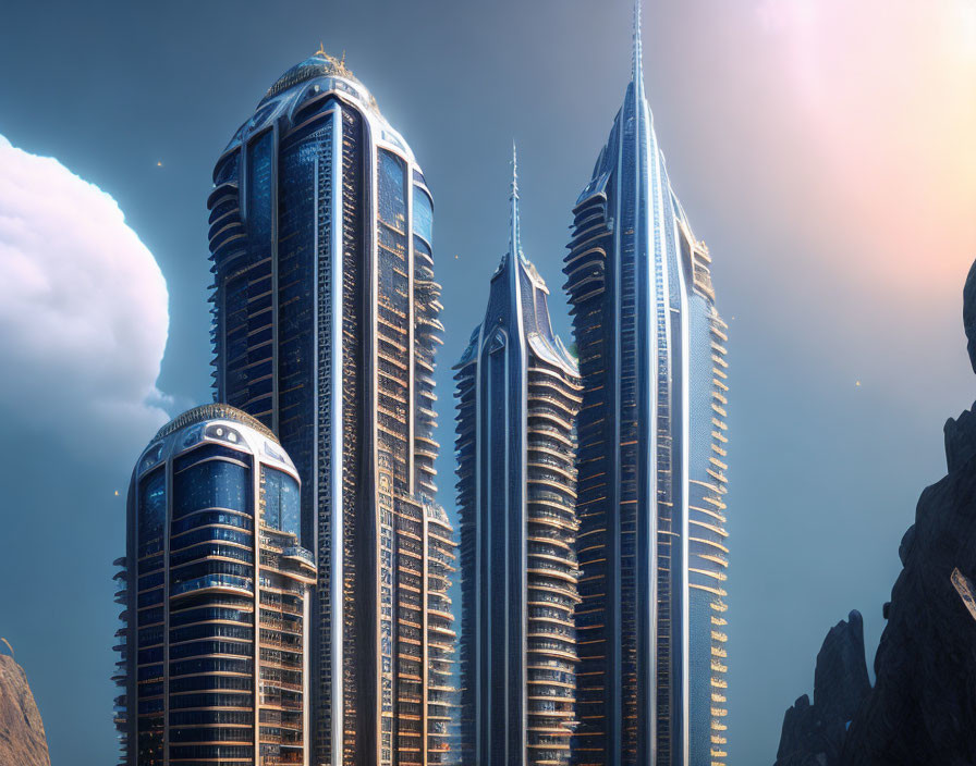 Majestic futuristic skyscrapers against vivid sky and rocky terrain
