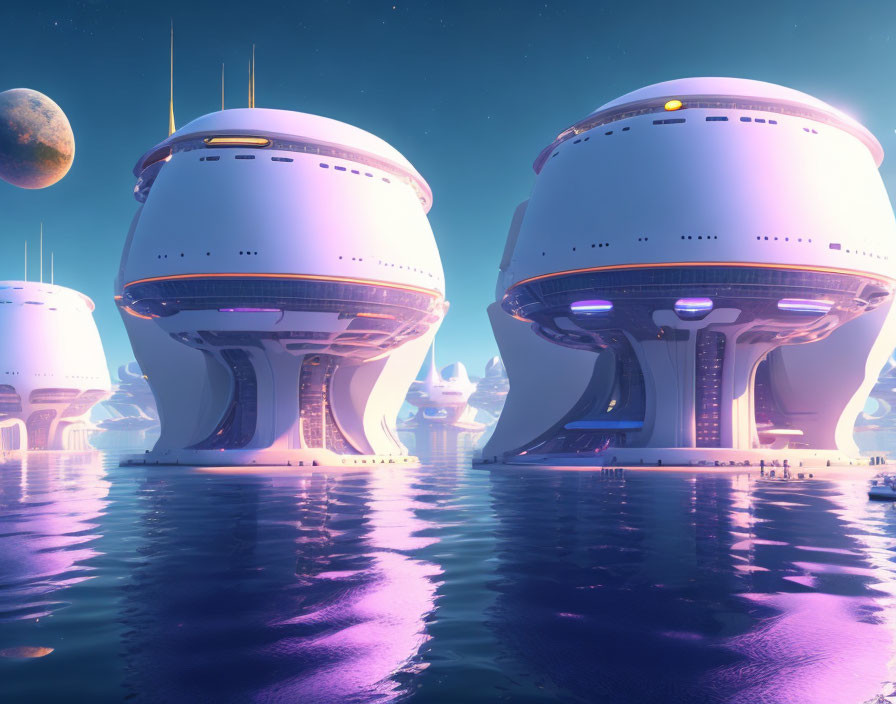 Futuristic cityscape with dome-shaped buildings over reflective water at twilight