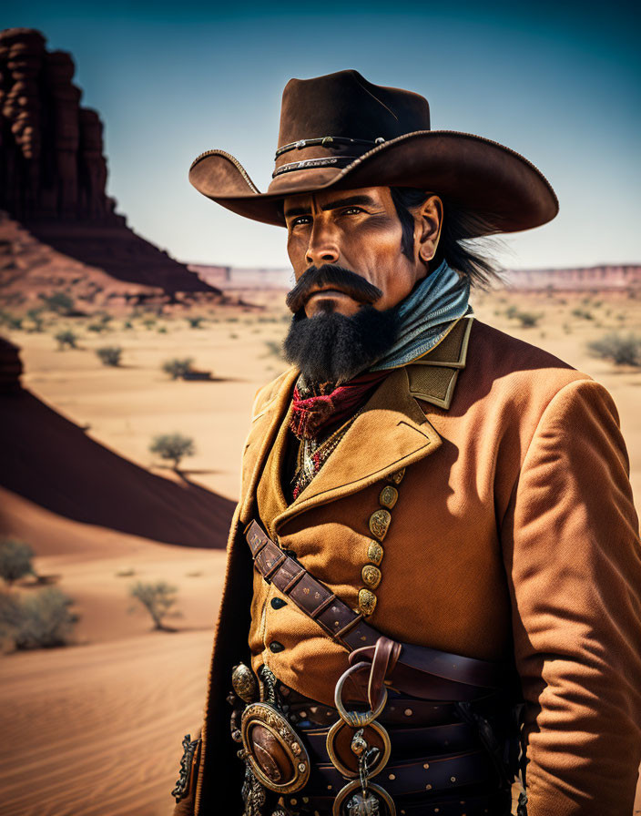 Serious Cowboy in Wide-Brimmed Hat in Desert