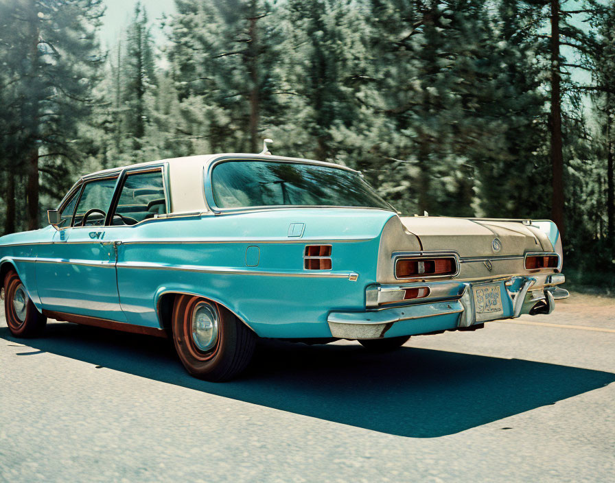 Vintage Blue Sedan with Orange Rims Driving on Pine Tree-Lined Road