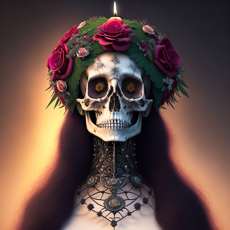 Skull with floral crown and candle on dark background: Gothic and mystical aesthetic