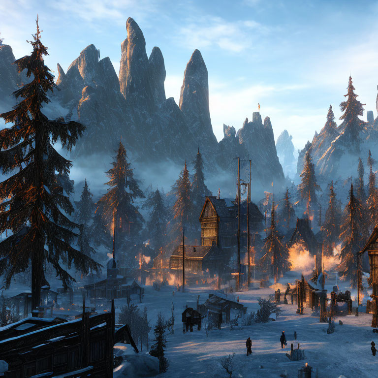 Snowy village at dusk: rustic houses, horse-drawn carriage, rocky peaks, evergreen trees