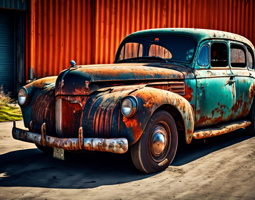 Rusted Turquoise and Brown Vintage Car Beside Orange Metal Structure