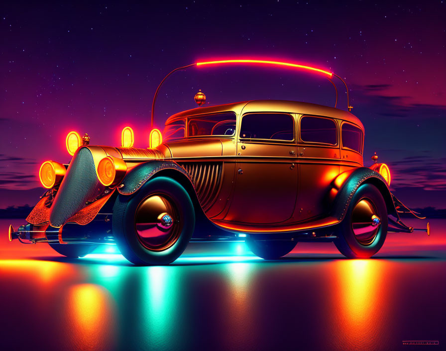 Vibrant digital artwork: classic car with neon underglow in twilight sky