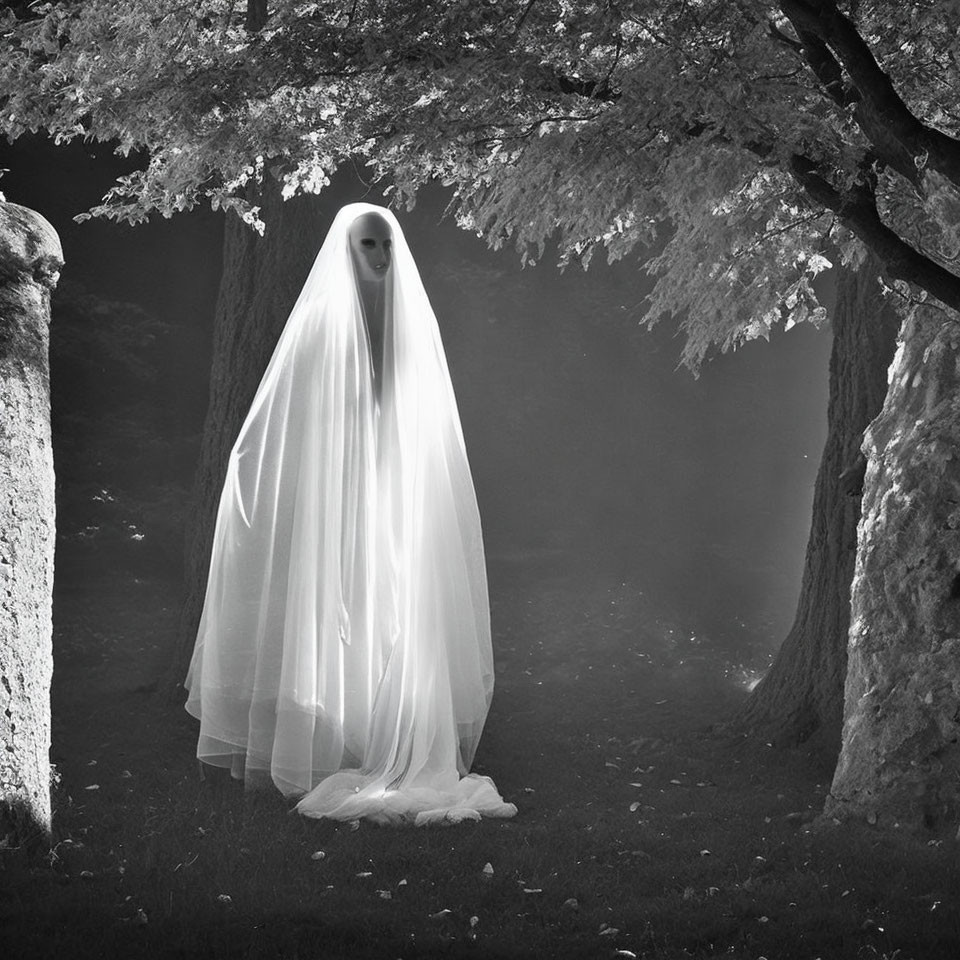 Ghostly Figure in White Sheet Among Dark Trees