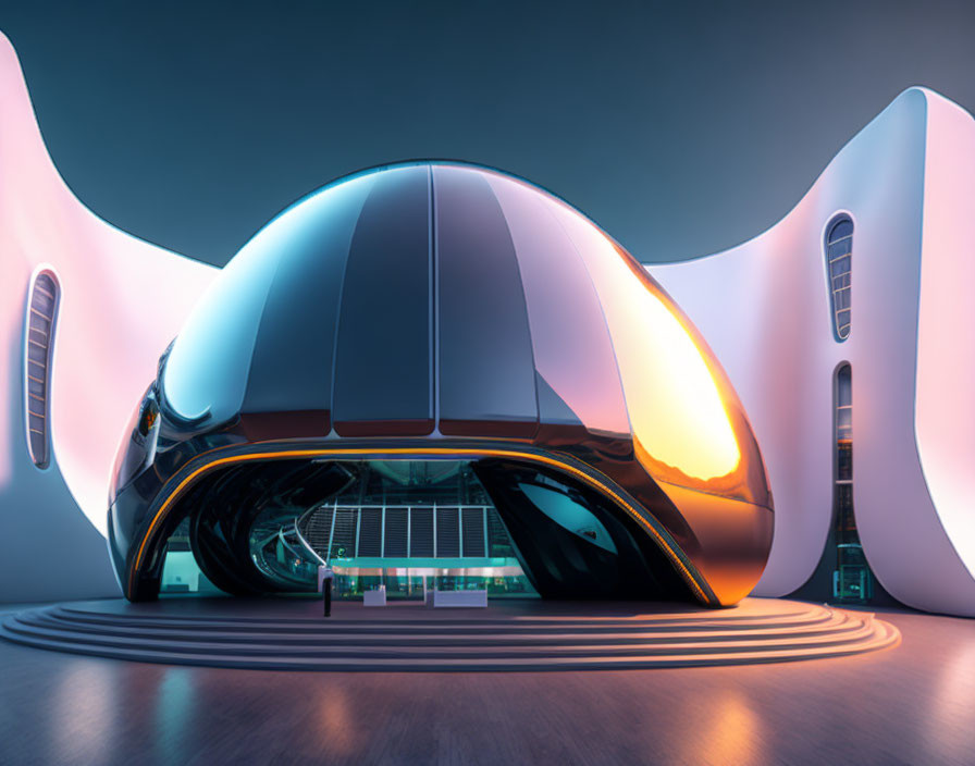 Sleek Dome-Like Building with Reflective Facade in Soft Pink and Orange Twilight Glow