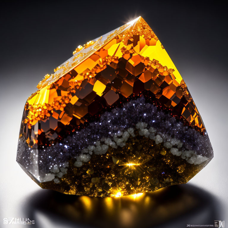 Vibrant orange and gold crystal on grey crystals with soft-focus background
