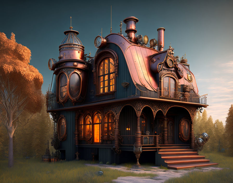Intricately designed steampunk-style house with copper detailing in serene wooded landscape at dusk