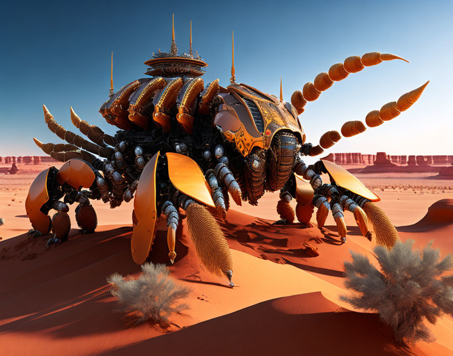 Intricate futuristic mechanical scorpion in desert landscape