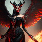 Regal woman in dark gown with crown, standing among glowing embers and fiery heart-shaped wings.