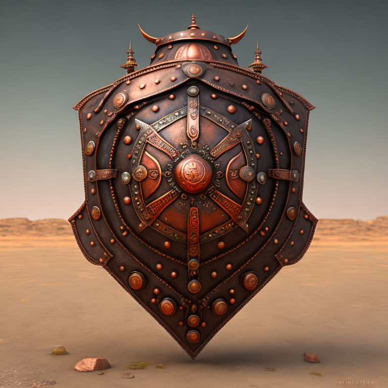 Medieval-style shield with copper and steel elements in desert setting