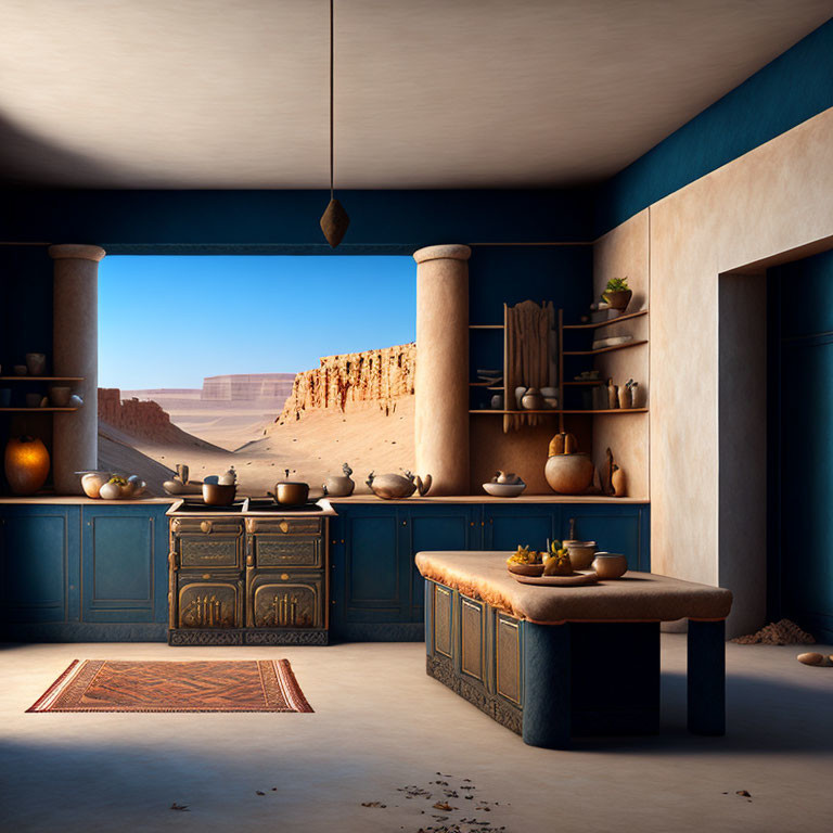 Ancient Egyptian-style Room with Blue Cabinets, Pottery, Bench, and Desert View