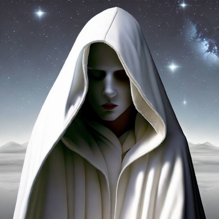 Hooded Figure in Pale Face Under Starlit Sky