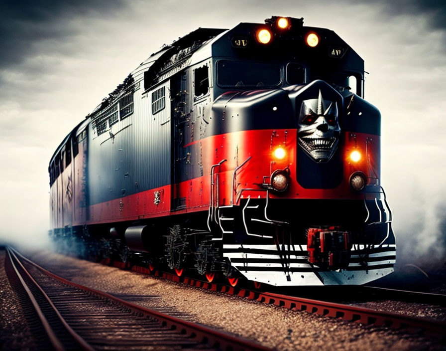 Menacing skull design locomotive with lights and smoke on tracks