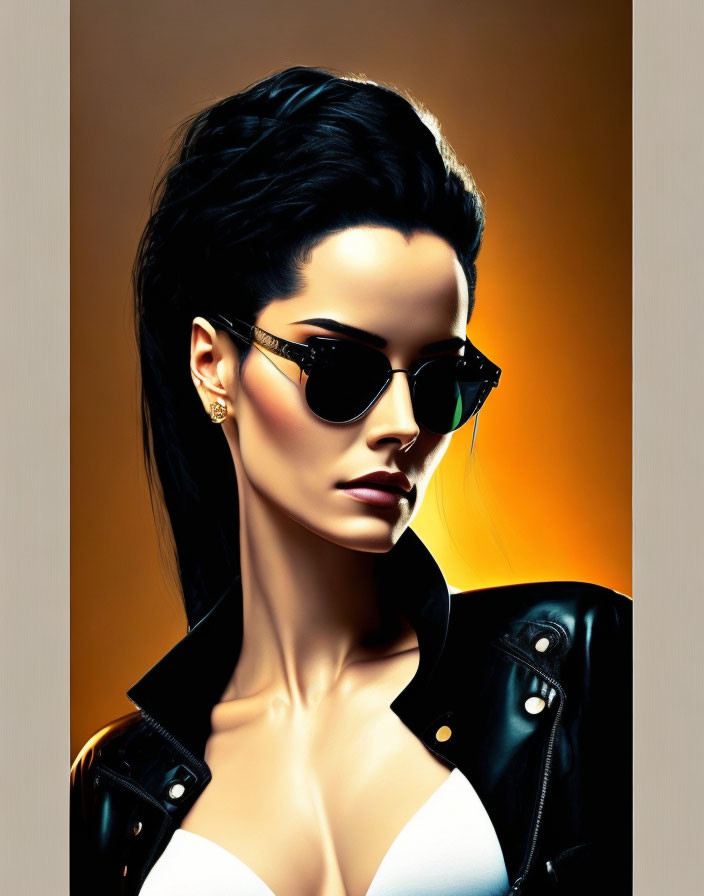 Stylish woman with edgy hairstyle in black leather jacket and sunglasses against warm backdrop