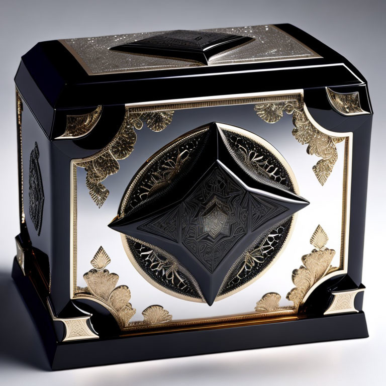 Intricate Black and White Box with Gold Geometric Patterns